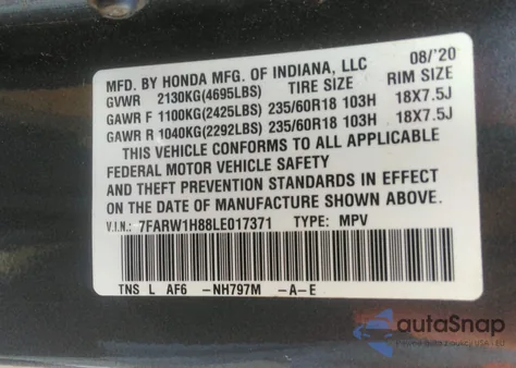 2020 Honda Cr-V Exl из США, поврежденный, VIN 7FARW1H88LE017371